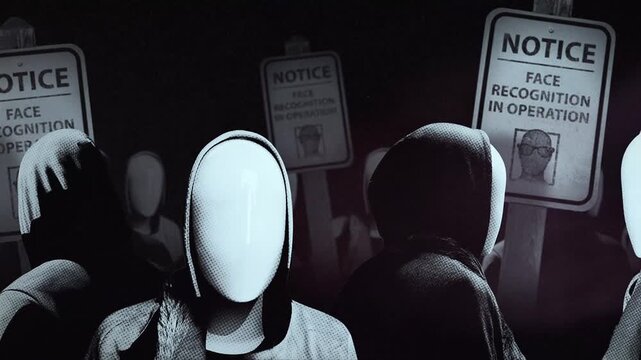 A group of faceless spinning mannequins and political statements contained on street signs on an endless loop.
