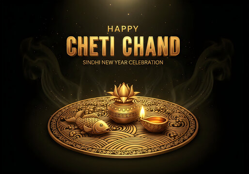 Golden cheti chand plate with fish and lit diya on black background