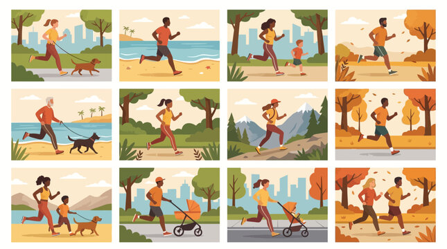 People Running In Different Environments And Activities During A Sunny Day