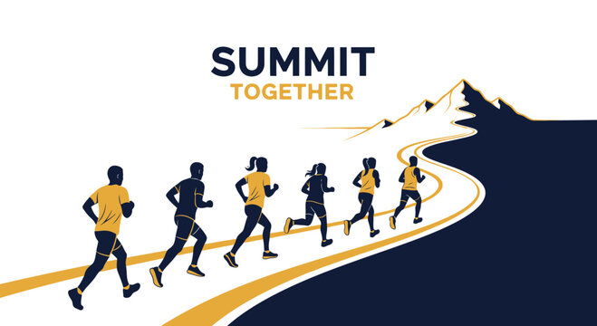 People Running Towards Adventure, Reaching a Summit, Achieving Goals, Working Together
