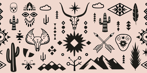 Southwestern inspired pattern featuring skull cacti and geometric designs © Subarna