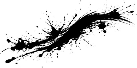 Obraz premium Abstract black ink splash background with dynamic paint splatter, curved brush stroke and grunge texture isolated on white