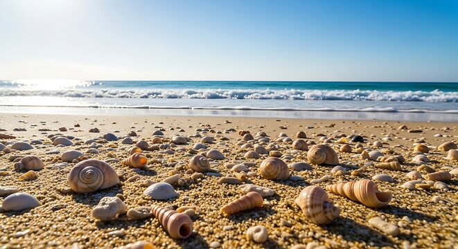 Sunny beach with numerous unique seashells scattered across the warm golden sand, leading to the tranquil blue ocean under a clear sky, perfect for a summer day