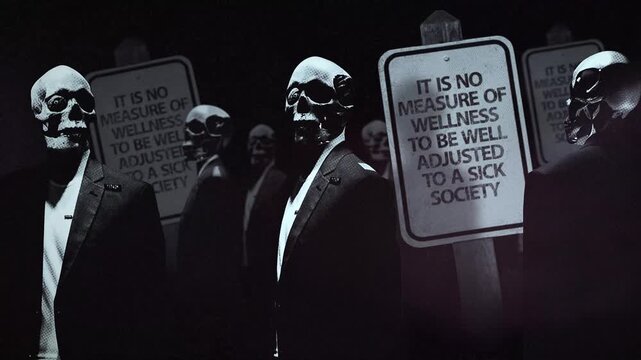 A group of faceless spinning mannequins and political statements contained on street signs on an endless loop.
