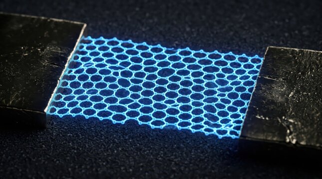 Scientists examine glowing blue graphene sheet on black surface in laboratory setting closely.
