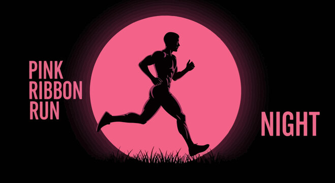 Pink Ribbon Run At Night Depicting a Runner Silhouette Against a Pink Background