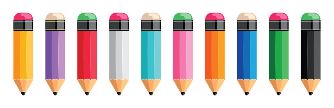 School pencils flat elements clipart set. Collection of colourful school writing pen elements with erasers for art materials and educational supplies vector illustration. 
