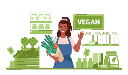 Smiling woman holding fresh vegetables in a vegan grocery store with shelves of plant-based products, eco-friendly packaging, and green decor isolated on white background vector illustration © Natalia