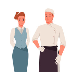 Professional waiter and chef in uniform standing together isolated on white background vector illustration © Natalia