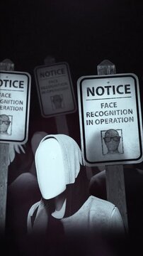 A group of faceless spinning mannequins and political statements contained on street signs on an endless loop.
