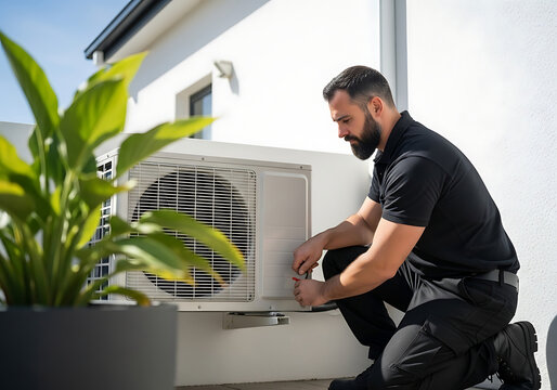 Professional technician in black uniform installing a modern air conditioning unit on a bright residential terrace under direct sunlight