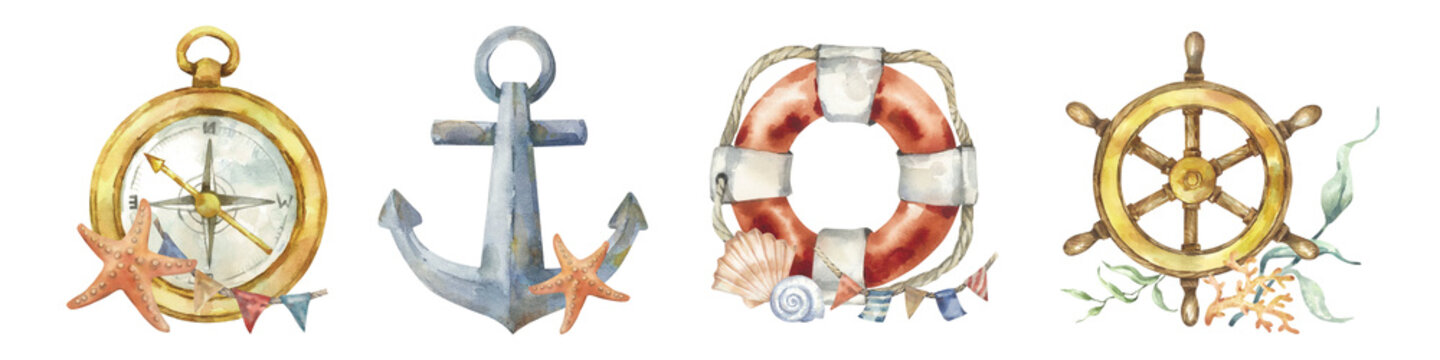 Set of watercolor illustrations of compass, anchor, life preserver and ship's helm, . Antique vintage and rusty nautical items. Hand drawn nautical themed compositions for printing on fabric, banners.