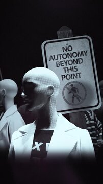 A group of faceless spinning mannequins and political statements contained on street signs on an endless loop.

