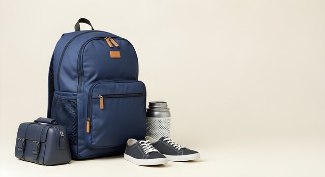 Backpack with smaller bag shoes and thermos on a plain background for travel or school use isolated on white background