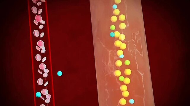 3D animation showing tubular reabsorption of water and solutes in nephron during urine formation.