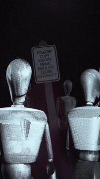 A group of faceless spinning mannequins and political statements contained on street signs on an endless loop.
