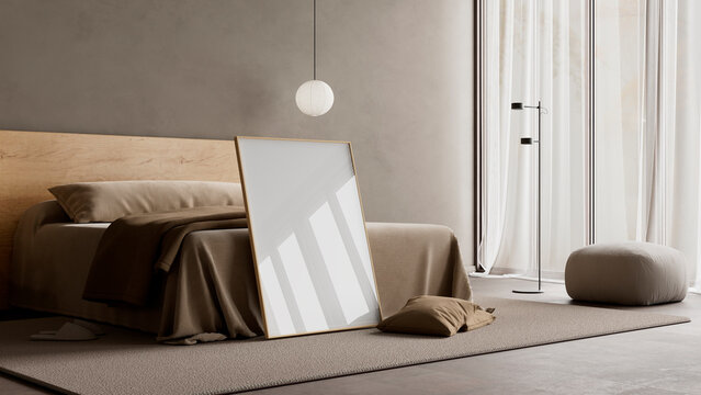 Contemporary Japandi bedroom interior with poster frame mockup featuring warm neutral palette soft natural light and minimalist furniture in calm modern home decor style. 3D illustration