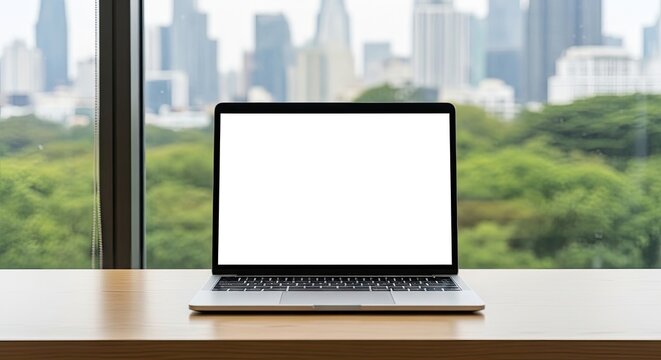City view laptop mockup realistic presentation for digital designs branding