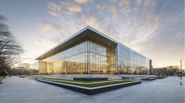 Modern university library with glass curtain wall reflecting morning sky. Light creates Tyndall effect. Low angle shot with copy space for education branding. 8K photography for website hero image.
