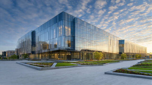 Modern university library with glass curtain wall reflecting morning sky. Light creates Tyndall effect. Low angle shot with copy space for education branding. 8K photography for website hero image.