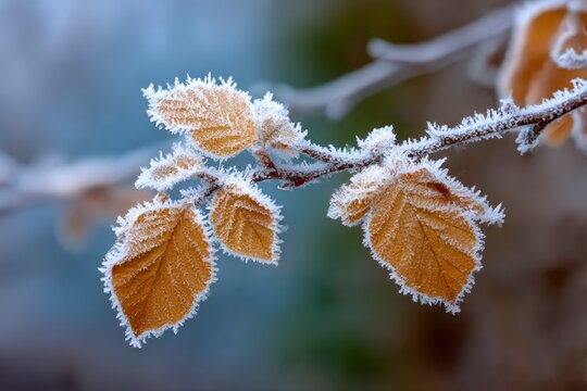 Frosty leaves on a tree branch.