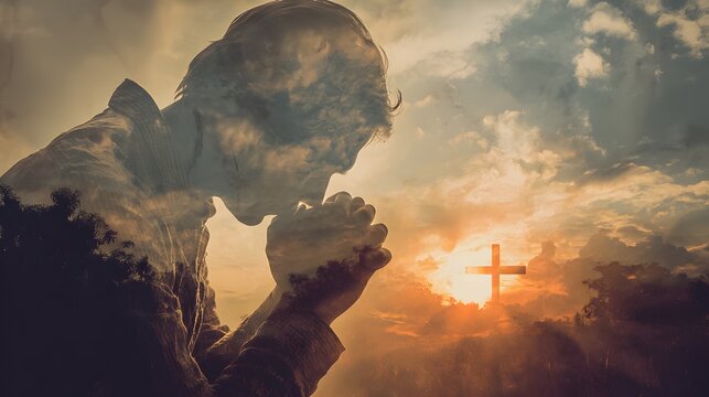 Man prays with folded hands while watching a sunset behind a cross in the background during a quiet evening outdoors