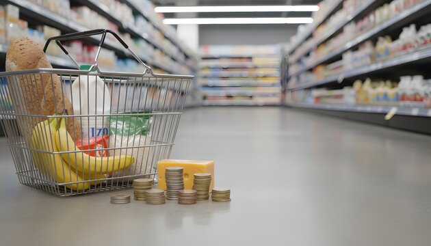 Rising grocery cost concept with shopping basket and coin stacks showing household expense pressure