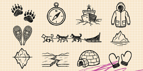 Black ink scribble doodle vector vintage hand drawn illustration of arctic winter expedition, dog sled, igloo, compass, and iceberg survival gear elements. © Broke Stoke
