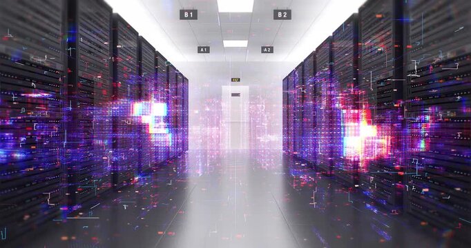 Futuristic AI server room with digital data processing effects. Technology And AI Related 3D Animation.