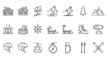 Collection of winter sports and outdoor recreation related line art icons. © Magelang
