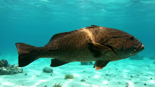 Large grouper fish swimming underwater over coral reef