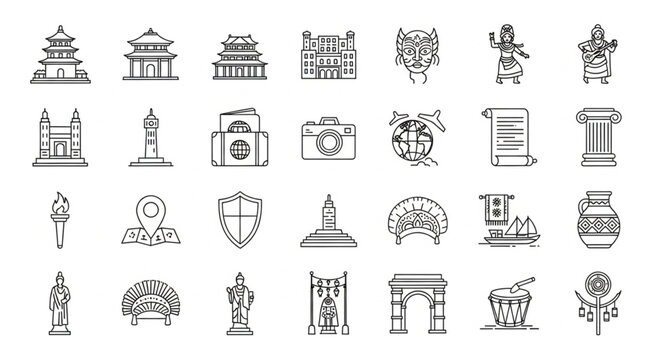 Collection of various cultural and historical icons in detailed line art style.