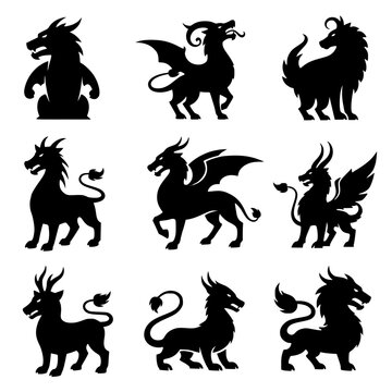 Set of Mythical Creature Silhouettes Dragons Griffins and Chimeras