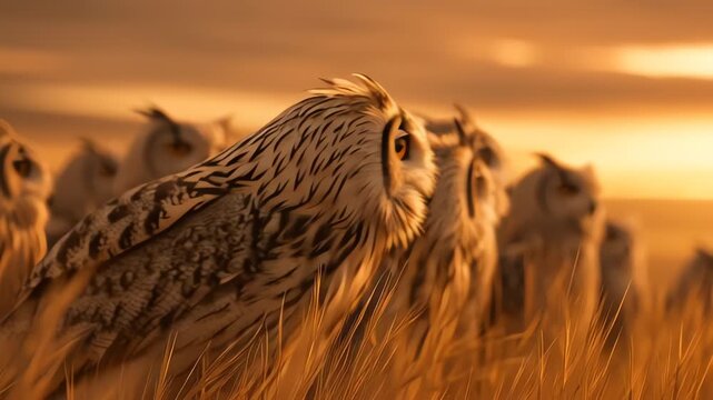 Group of Owls in Golden Grass at Sunset Turning Heads