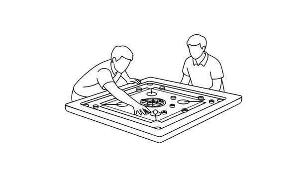 Carrom board match vector line art indoor sport