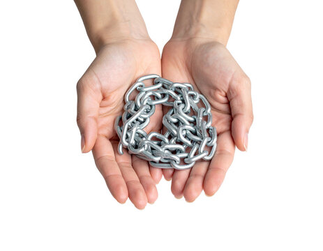 Chain game hero in hands: coiled metal chain held gently by open palms