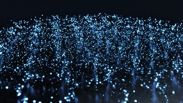 Abstract glowing blue hexagonal grid structure with particles in motion.