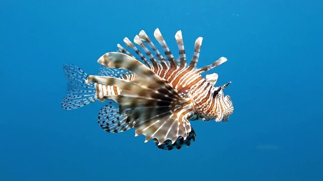 lionfish swimming in clear blue ocean water