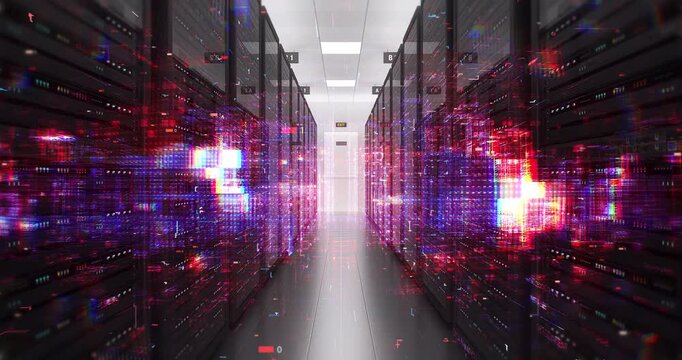 Modern data center interior with high speed network servers. Technology And AI Related 3D Animation.