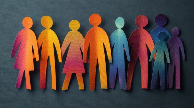 Colorful paper cutout figures of diverse people standing together on a textured dark background, representing unity and inclusivity in a creative design concept