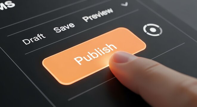 Close-up of a person pressing the publish button on a digital device screen.