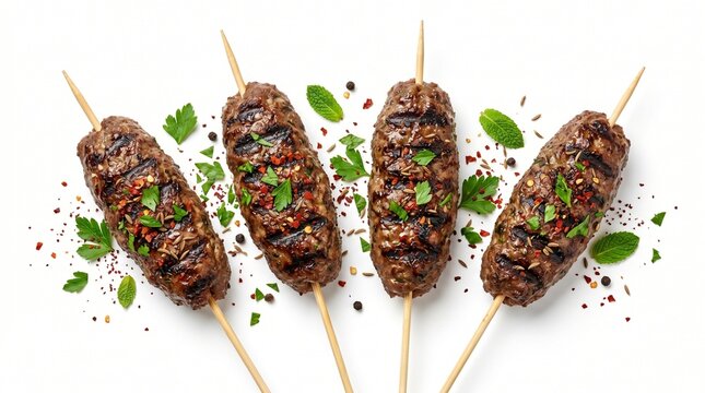 Grilled lula kebab on skewers with spices and herbs