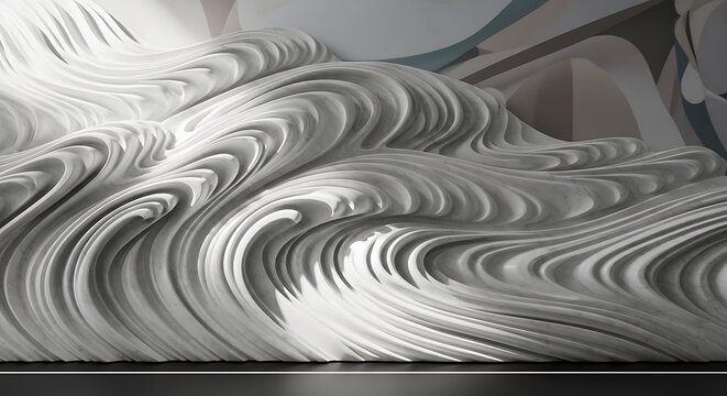 Abstract white wave sculpture with flowing 3D texture, elegant parametric wall art installation, modern architectural relief with organic curves