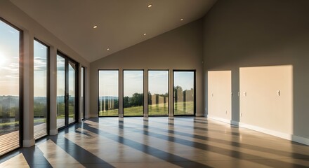 Fototapeta premium Spacious Modern Living Room with Floor-to-Ceiling Windows and Scenic View.