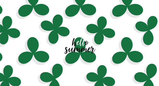 Green Shamrock Pattern, Hello Summer Text, Clover Leaf Design, Vector Graphic