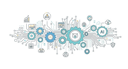 Obraz premium AI Technology Integration and Automation Network with Gears and Circuitry