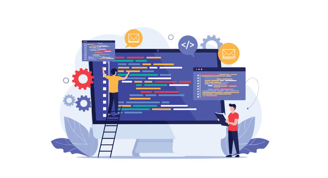 Software developers working on a giant computer screen with code, gears, and message icons, illustrating web programming and technology development.