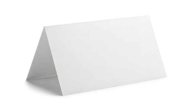 Folded white blank tent card sign on white surface with information cardboard marketing business