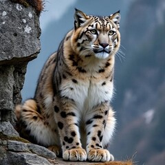 Obraz premium Majestic wild lynx sitting on a rocky mountain ledge, Generative AI