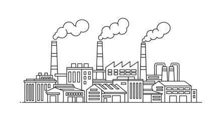 Obraz premium Industrial Factory with Smoking Chimneys Line Art Illustration.